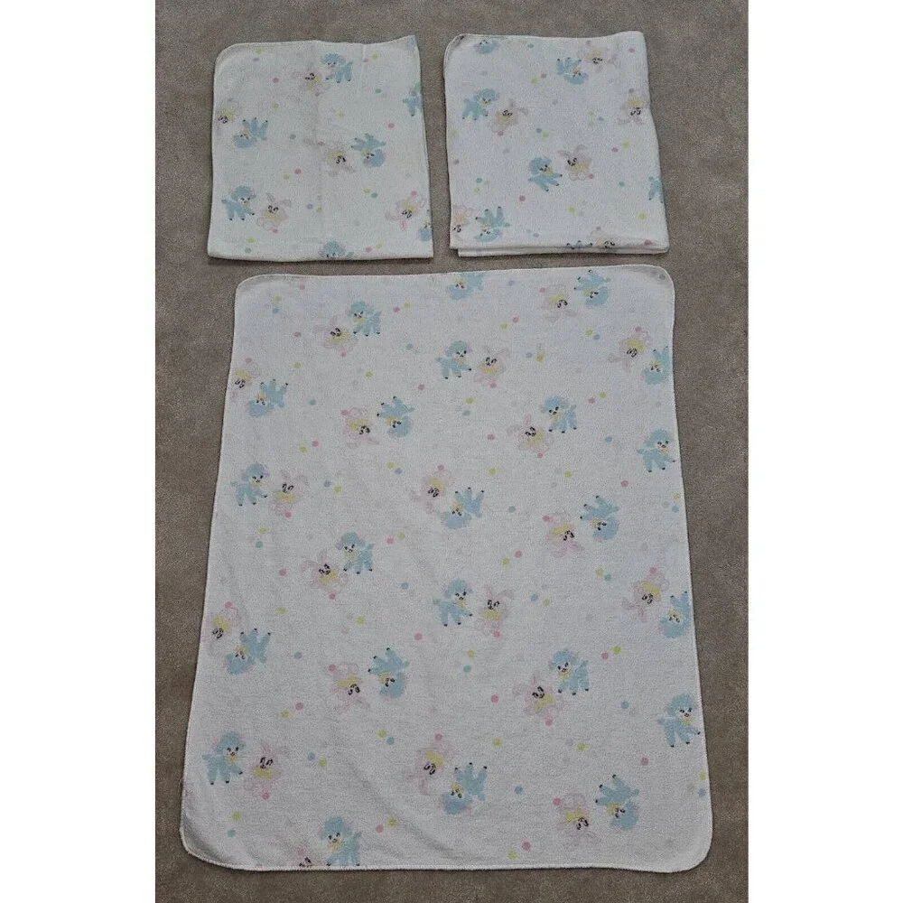 3 VTG Receiving Blankets Lot Blue Sheep Lambs Pink Bunny Rabbits Polka Dot